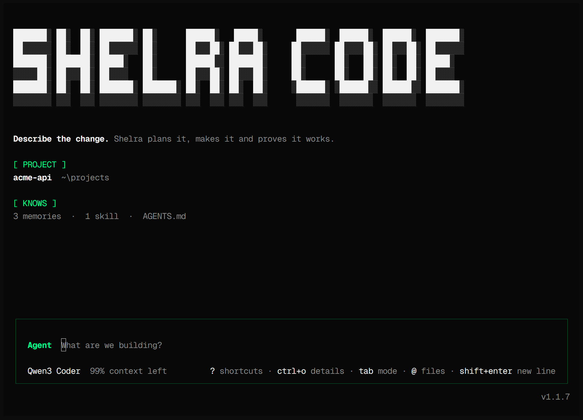 The ShelraCode start screen: the project it opened and what it already knows, 3 memories, 1 skill and AGENTS.md.